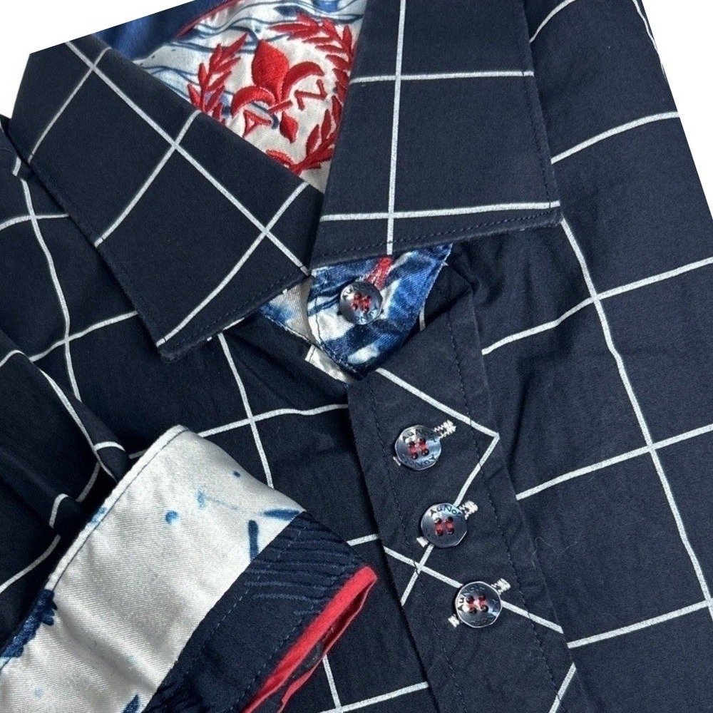 Au Noir Men's L Navy Blue Check Shirt Long Sleeve Contrast Flip Cuff (Size 4)